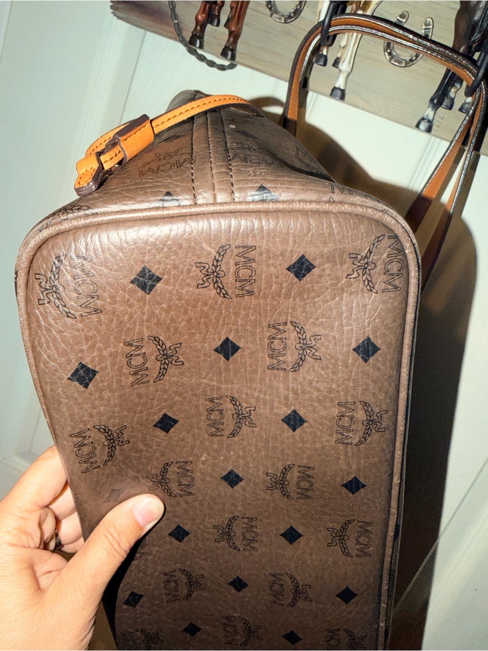 MCM Dark Brown Logo Tote with Tan Trim and Straps - Picture 8 of 8
